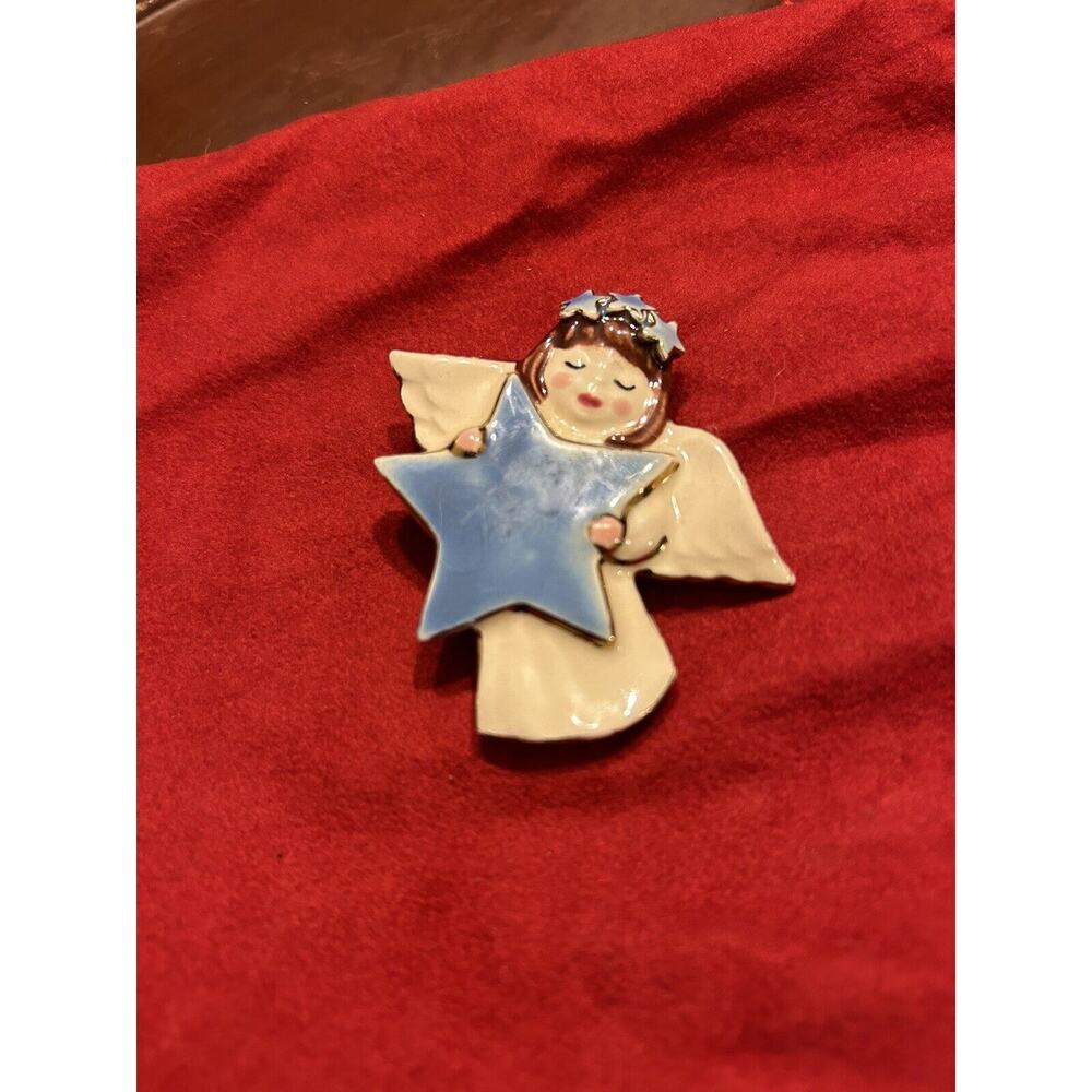 Vintage White Angel Holding Blue Star Gold Trim Ceramic Porcelain Brooch Pin